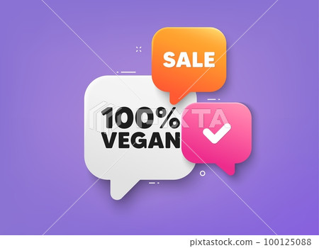 100 percent vegan tag. 3d bubble chat banner. Discount offer coupon. Organic bio food sign. Vegetarian product symbol. Vegan food adhesive tag. Promo banner. Vector 100 percent vegan tag. 3d bubble chat banner. Discount offer coupon. Organic bio food sign. Vegetarian product symbol. Vegan food adhesive tag. Promo banner. Vector 100125088