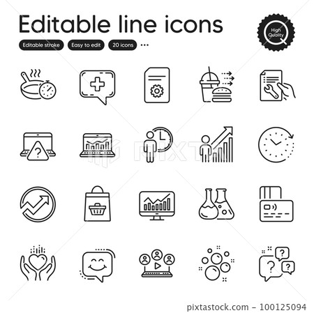 Set of Business outline icons. Contains icons as Question bubbles, Chemistry lab and Food delivery elements. Smile chat, Employee result, Online question web signs. Medical chat. Vector Set of Business outline icons. Contains icons as Question bubbles, Chemistry lab and Food delivery elements. Smile chat, Employee result, Online question web signs. Medical chat. Vector 100125094