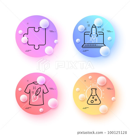 T-shirt design, Puzzle and Start business minimal line icons. 3d spheres or balls buttons. Chemistry lab icons. For web, application, printing. Painting, Puzzle piece, Launch idea. Laboratory. Vector 100125128