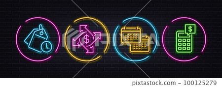 Calendar, Time management and Payment exchange minimal line icons. Neon laser 3d lights. Calculator icons. For web, application, printing. Schedule planner, Clock tags, Money transfer. Vector Calendar, Time management and Payment exchange minimal line icons. Neon laser 3d lights. Calculator icons. For web, application, printing. Schedule planner, Clock tags, Money transfer. Vector 100125279