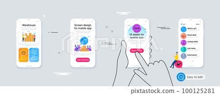 Outline set of Organic waste, Shampoo and spray and Clean bubbles line icons for web application. Phone ui interface. Include Hand sanitizer, Dont touch, Washing hands icons. Vector 100125281