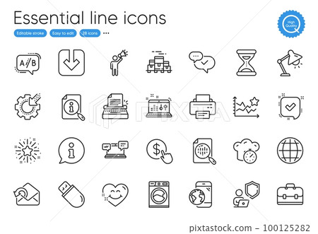Table lamp, Load document and Send mail line icons. Collection of Twinkle star, Printer, Seo gear icons. Smile face, Shield, Boxes pallet web elements. Ab testing, Time, Approved. Vector 100125282