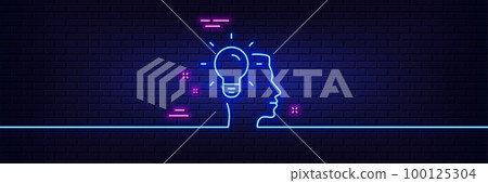 Neon light glow effect. Business Idea line icon. Light bulb symbol. Human head sign. 3d line neon glow icon. Brick wall banner. Idea outline. Vector Neon light glow effect. Business Idea line icon. Light bulb symbol. Human head sign. 3d line neon glow icon. Brick wall banner. Idea outline. Vector 100125304
