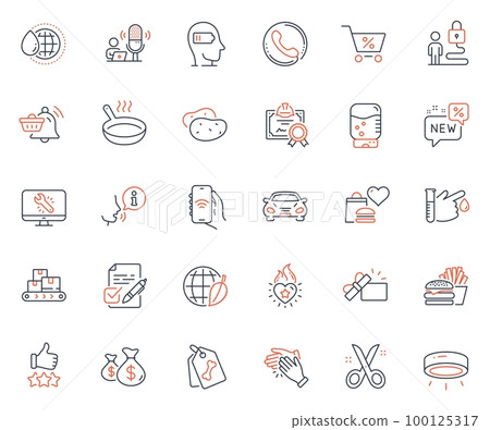 Business icons set. Included icon as New, Burger and Lock web elements. Coins bags, Rating stars, Environment day icons. Frying pan, Notification cart, World water web signs. Vector 100125317