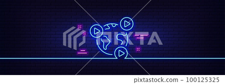 Neon light glow effect. Virtual conference line icon. Online training sign. Web presentation symbol. 3d line neon glow icon. Brick wall banner. Video conference outline. Vector Neon light glow effect. Virtual conference line icon. Online training sign. Web presentation symbol. 3d line neon glow icon. Brick wall banner. Video conference outline. Vector 100125325