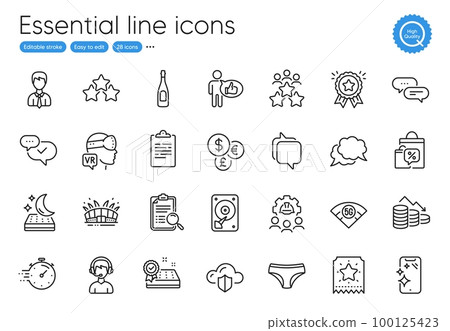 Approved, Cloud protection and Search analysis line icons. Collection of Engineering team, Money currency, Chat message icons. Ranking stars, Augmented reality, 5g wifi web elements. Vector 100125423