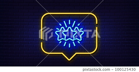 Neon light speech bubble. Star line icon. Feedback rating sign. Customer satisfaction symbol. Neon light background. Star glow line. Brick wall banner. Vector 100125430