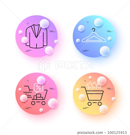 Suit, Cloakroom and Shopping rating minimal line icons. 3d spheres or balls buttons. Discounts cart icons. For web, application, printing. Business jacket, Hanger wardrobe, Supermarket stars. Vector 100125913