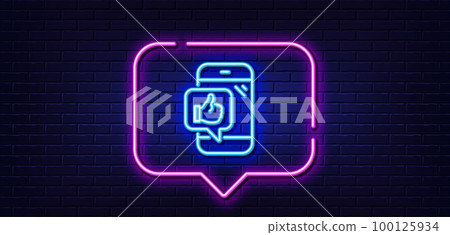 Neon light speech bubble. Mobile like line icon. Thumbs up sign. Positive feedback symbol. Neon light background. Mobile like glow line. Brick wall banner. Vector Neon light speech bubble. Mobile like line icon. Thumbs up sign. Positive feedback symbol. Neon light background. Mobile like glow line. Brick wall banner. Vector 100125934