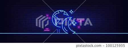 Neon light glow effect. Sleep line icon. Night internet sign. Planet with moon symbol. 3d line neon glow icon. Brick wall banner. Sleep outline. Vector Neon light glow effect. Sleep line icon. Night internet sign. Planet with moon symbol. 3d line neon glow icon. Brick wall banner. Sleep outline. Vector 100125935