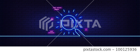 Neon light glow effect. Search line icon. Find document sign. Magnify glass. 3d line neon glow icon. Brick wall banner. Search outline. Vector 100125936