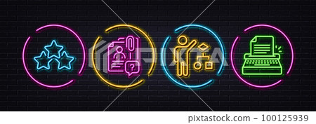 Search employee, Ranking stars and Algorithm minimal line icons. Neon laser 3d lights. Typewriter icons. For web, application, printing. Questions for candidate, Winner award, Developers job. Vector 100125939