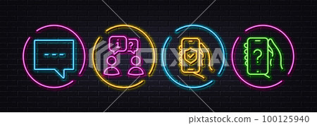 Interview, Security app and Blog minimal line icons. Neon laser 3d lights. Ask question icons. For web, application, printing. Job meeting, Smartphone protection, Chat message. Quiz phone. Vector Interview, Security app and Blog minimal line icons. Neon laser 3d lights. Ask question icons. For web, application, printing. Job meeting, Smartphone protection, Chat message. Quiz phone. Vector 100125940