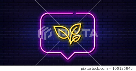 Neon light speech bubble. Leaves line icon. Grow plant leaf sign. Environmental care symbol. Neon light background. Leaves glow line. Brick wall banner. Vector Neon light speech bubble. Leaves line icon. Grow plant leaf sign. Environmental care symbol. Neon light background. Leaves glow line. Brick wall banner. Vector 100125943