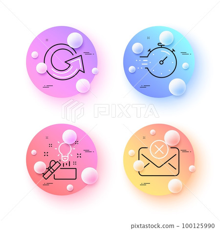Timer, Reject mail and Creative idea minimal line icons. 3d spheres or balls buttons. Reload icons. For web, application, printing. Deadline management, Delete letter, Present box. Update. Vector 100125990