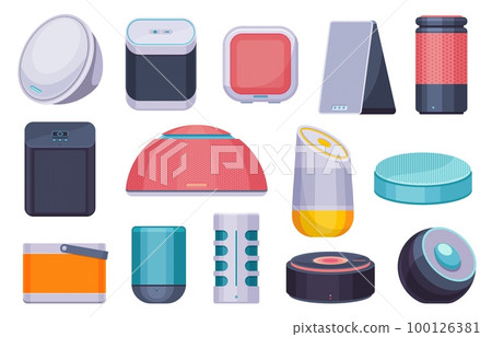 Smart speaker. Technology device with voice assistant and control interface, wireless internet technology portable home sound system. Vector flat set 100126381
