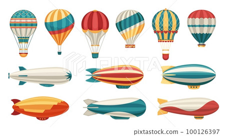 Cartoon airship. Dirigible hot air balloon transport with cabin and basket, old aerial transportation, colorful aircraft aviation technology icons. Vector set 100126397