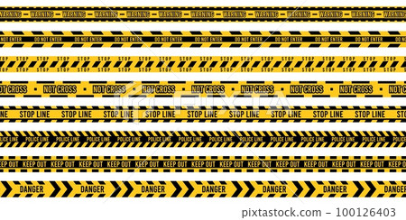 Yellow police tape. Crime scene ribbons and Do not cross stripe, danger warning restricted zone strip sign, accident caution concept. Vector set 100126403
