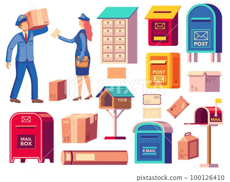 Postman and mail. Cartoon characters in mailman uniform with correspondence bag and mailbox, post delivery service concept. Vector set 100126410