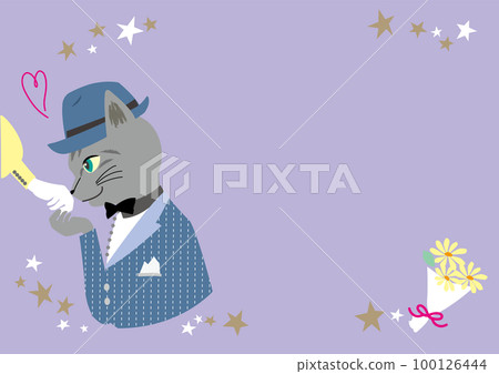 Vector illustration template of a mackerel cat kissing the back of the hand on a date under the starry sky Purple 100126444