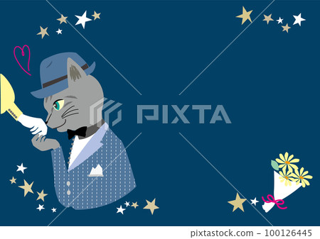 Vector illustration template of a mackerel cat kissing the back of your hand on a date under the starry sky Navy Vector illustration template of a mackerel cat kissing the back of your hand on a date under the starry sky Navy 100126445