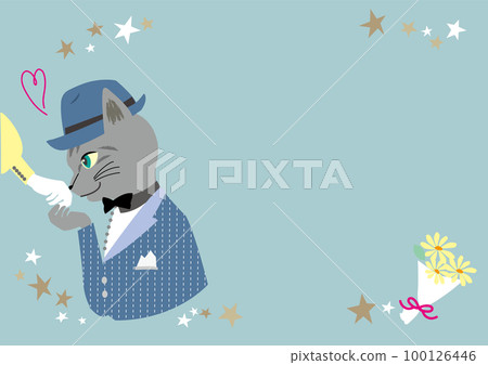Vector illustration template of Sabatra cat kissing the back of the hand on a date under the starry sky Light blue 100126446