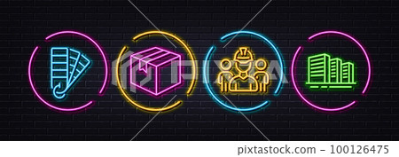 Parcel, Palette and Engineering team minimal line icons. Neon laser 3d lights. Buildings icons. For web, application, printing. Shipping box, Color pantone, Architect person. City architecture. Vector Parcel, Palette and Engineering team minimal line icons. Neon laser 3d lights. Buildings icons. For web, application, printing. Shipping box, Color pantone, Architect person. City architecture. Vector 100126475