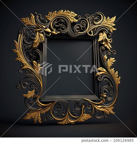 Golden ornamental frame on black bakcground. Retro golden frame with vintage ornament. Generative AI. 100126985