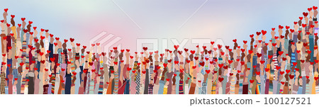 Group of raised hands. Diverse people holding a heart. Charitable donation and volunteer work. A helping hand. Support and assistance. Multicultural community. People diversity. NGO. Aid 100127521