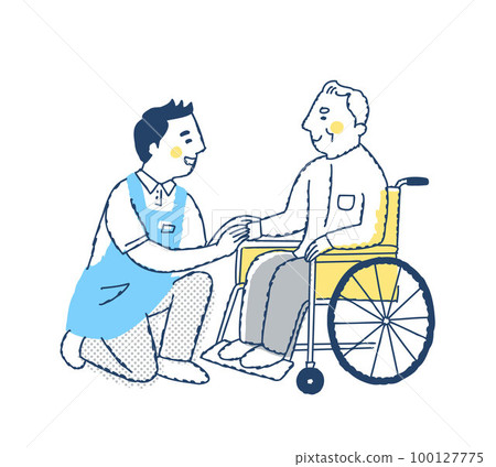 坐在輪椅上的老人和護理人員微笑著交談 100127775