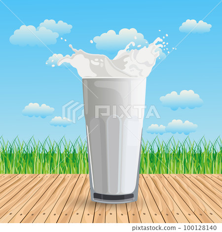 A glass of milk on a wooden table against the backdrop of a summer landscape. Poster, banner, illustration, vector 100128140