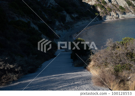 Scenic View From Arkoudilas Viewpoint, Steep Descent To Sandy Beach, Mountains, Ionian Sea Corfu, Greece. 100128553