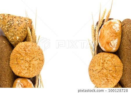 Bread, ciabatta, baguette and ears of wheat isolated on white . Free space for text. Collage. Bread, ciabatta, baguette and ears of wheat isolated on white . Free space for text. Collage. 100128728