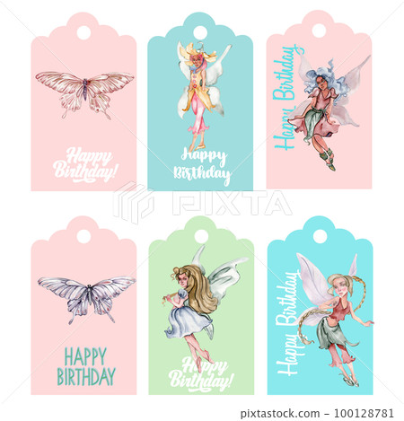 Set of happy birthday tags. Illustration isolated on white background. Watercolor illustration fayry tales.Template label set.Wedding cake design. Hand drawn design baby shower party, birthday, cake. Set of happy birthday tags. Illustration isolated on white background. Watercolor illustration fayry tales.Template label set.Wedding cake design. Hand drawn design baby shower party, birthday, cake. 100128781