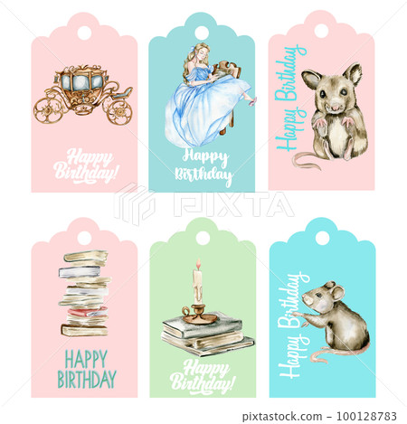 Set of happy birthday  tags. Illustration isolated on white background. Watercolor illustration fayry tales.Template label set.Wedding cake design. Hand drawn design baby shower party, birthday, cake. 100128783