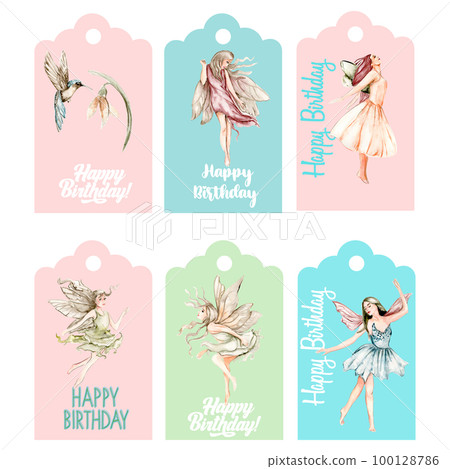 Set of happy birthday  tags. Illustration isolated on white background. Watercolor illustration fayry tales.Template label set.Wedding cake design. Hand drawn design baby shower party, birthday, cake. 100128786