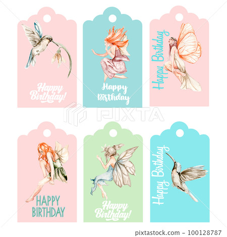 Set of happy birthday  tags. Illustration isolated on white background. Watercolor illustration fayry tales.Template label set.Wedding cake design. Hand drawn design baby shower party, birthday, cake. 100128787