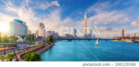 View on Cairo downtown with the Tower and fashionable hotels in Gezira island in the Nile, Egypt 100129166