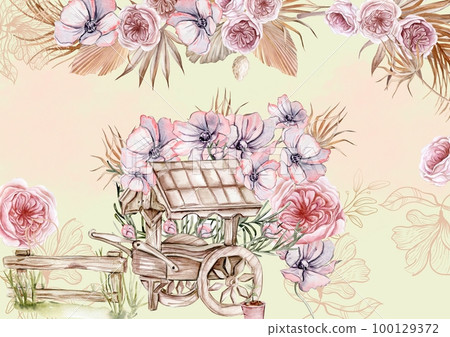 Watercolor composition of an old wooden cart and pink flower  with goose . Hand-drawn illustration with watercolour on a white background.Perfect for wedding invitation, greetings card. 100129372