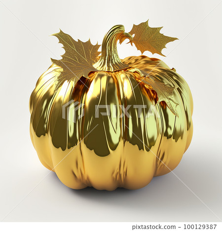 Golden pumpkin isolated on white background close-up, pumpkin fruit covered with gold, decor element, interesting background for advertising vegetables 100129387