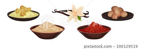 Different Spices and Condiments with Ginger, Vanilla Stick, Chili Pepper in Bowl and Nutmeg Vector Set Different Spices and Condiments with Ginger, Vanilla Stick, Chili Pepper in Bowl and Nutmeg Vector Set 100129519