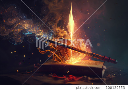 Magic wand in process of casting spell. Magic trace on an abstract dark background. Fantasy world. Created with Generative AI 100129553