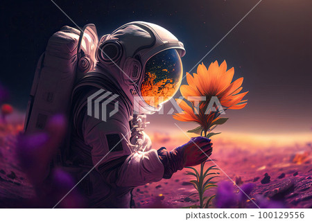 Alone astronaut in space suit seedling plant on surface of red planet. Space exploration, colonization and terraforming new planets. Created with generative ai 100129556