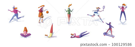 Woman Character Doing Sport and Physical Activity Vector Set Woman Character Doing Sport and Physical Activity Vector Set 100129586