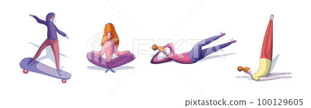 Woman Character Doing Sport and Physical Activity Vector Set Woman Character Doing Sport and Physical Activity Vector Set 100129605