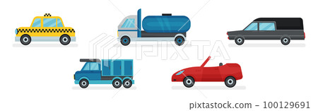 Taxi, Lorry, Cabriolet and Hatchback as Wheeled Motor Vehicle Used for Transportation Vector Set Taxi, Lorry, Cabriolet and Hatchback as Wheeled Motor Vehicle Used for Transportation Vector Set 100129691
