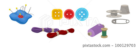 Sewing and Tailoring Accessories with Yarn, Button, Thimble, Thread Bobbin and Pin Cushion Vector Set 100129703