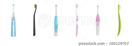 Toothbrush with Bristles and Handle as Oral Hygiene Instrument Vector Set Toothbrush with Bristles and Handle as Oral Hygiene Instrument Vector Set 100129707