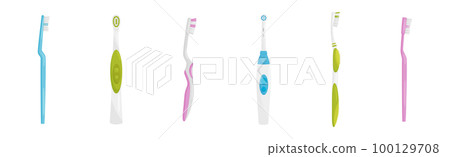 Toothbrush with Bristles and Handle as Oral Hygiene Instrument Vector Set 100129708