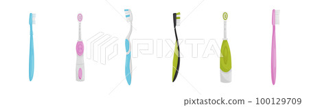 Toothbrush with Bristles and Handle as Oral Hygiene Instrument Vector Set Toothbrush with Bristles and Handle as Oral Hygiene Instrument Vector Set 100129709